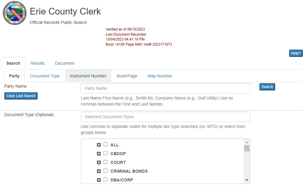 A screenshot of the Official Records Public Search page on the Erie County Clerk website requires the searcher to input the party name and select the document type (optional) to conduct a party search.