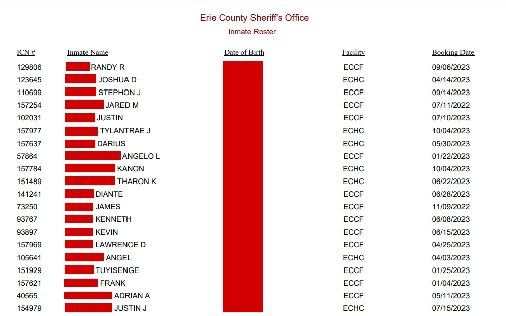 A screenshot of the inmate roster on the Erie County Sheriff's Office page with their ICN no., inmate's full name, date of birth, facility and booking date.