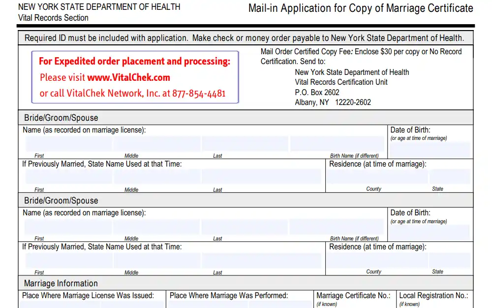 A screenshot of the Mail-in Application for a Copy of a Marriage Certificate from the New York Department of Health shows the necessary fields needed for the request, including the mail address, the VitalChek address and contact information for "expedited" order placement and processing.