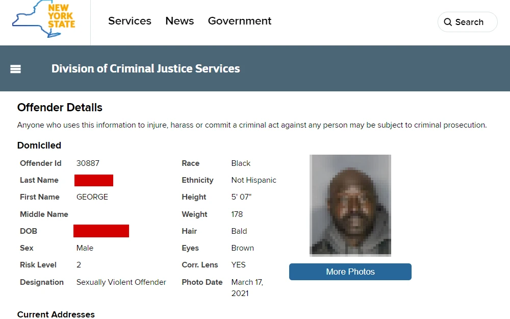 A screenshot of a sex offender's details from the New York State Division of Criminal Justice Services with his mugshot, full name, DOB, sex, risk level, designation, current address and individual description.