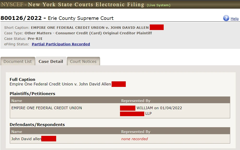 A screenshot of the New York State Courts Electronic Filing System in Erie County shows the case details, including the plaintiffs/petitioners and defendants' names.