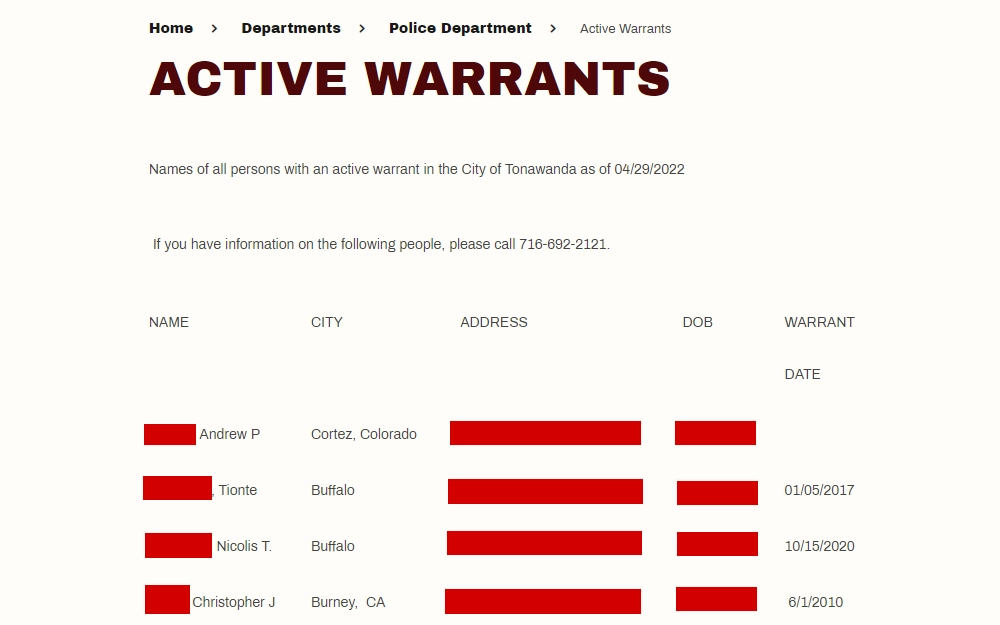 A screenshot of the active warrant list in the Town of Tonawanda with the offenders' name, address, DOB and warrant date.