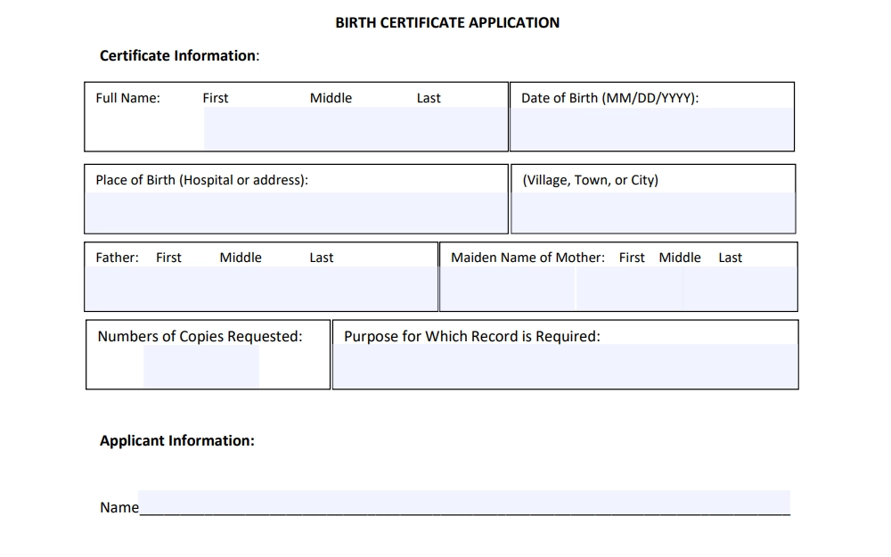 A screenshot of the Birth Certificate Application form from the Town of Tonawanda Clerk requires individuals to input a full name, place and date of birth, parent's name, number of copies and the purpose for which document is required.