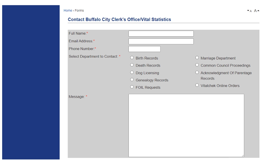A screenshot showing a contact Buffalo City Clerk's Office online form with information to fill out, such as full name, email address, phone number, selecting different departments to contact, and the message.