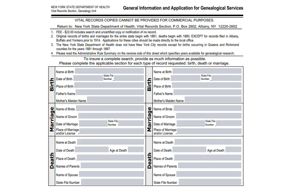 A screenshot showing a mail-in application for genealogical services with details to fill out such as name, date and place of birth, father's and mother's maiden name for the birth section, name of bride and groom, date of marriage and place of marriage and or license for the marriage section.